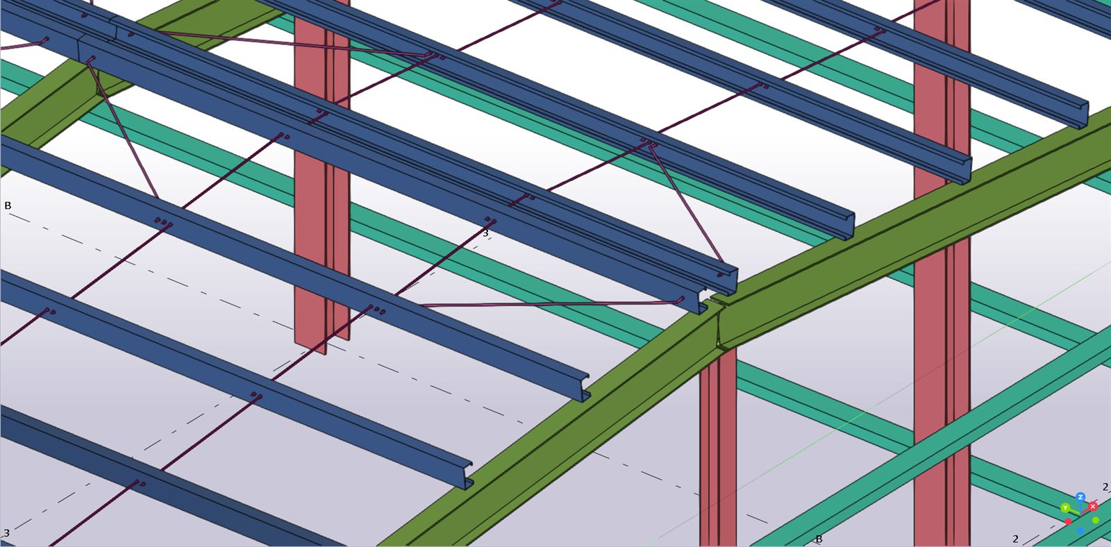 Sag rods between C purlins near the ridge: continuous rods with nuts on both sides of each web, a ridge tie between the two ridge purlins and bird's-foot rods down to the rafter