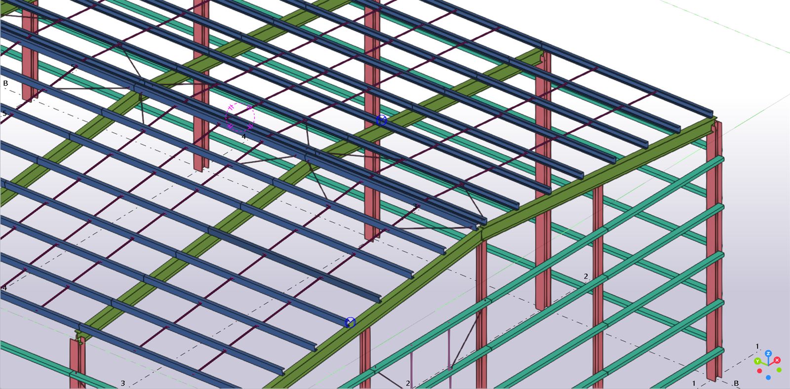 A portal frame building with sag rods on both roof slopes and vertical rods on the side wall