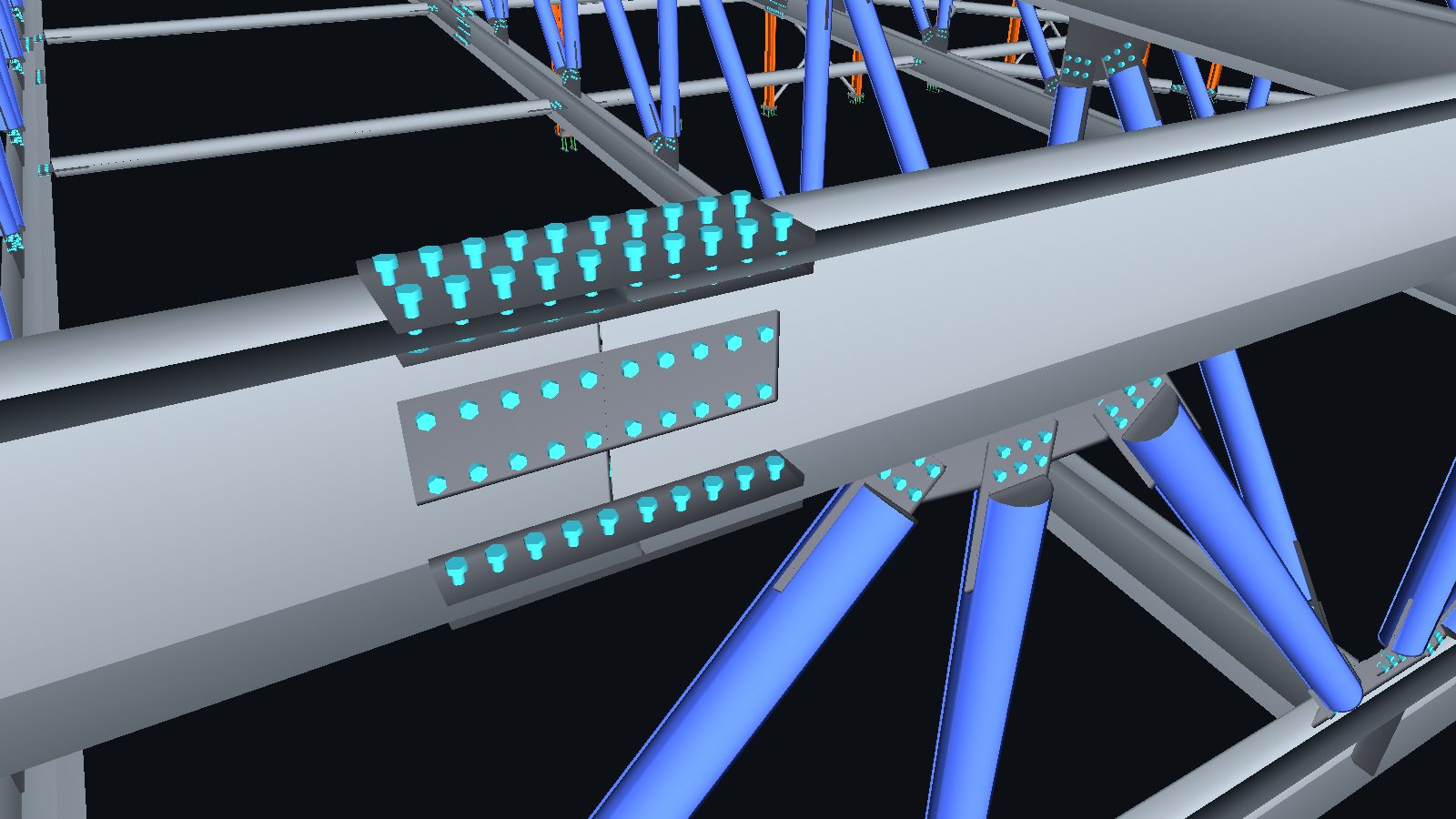 Bolted HEB600 splice and roof truss diagonals inside the hangar's 3D fabrication model