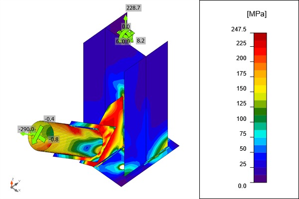 Equivalent stress plot of a tube brace on a gusset at a column base