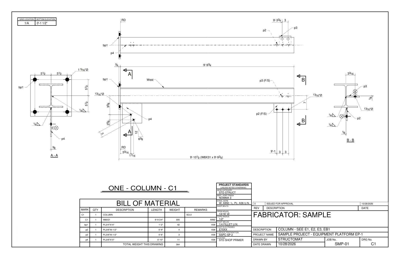 Shop drawing of a W8X31 column with base plate, shear tabs and a bracing gusset, with sections A-A and B-B