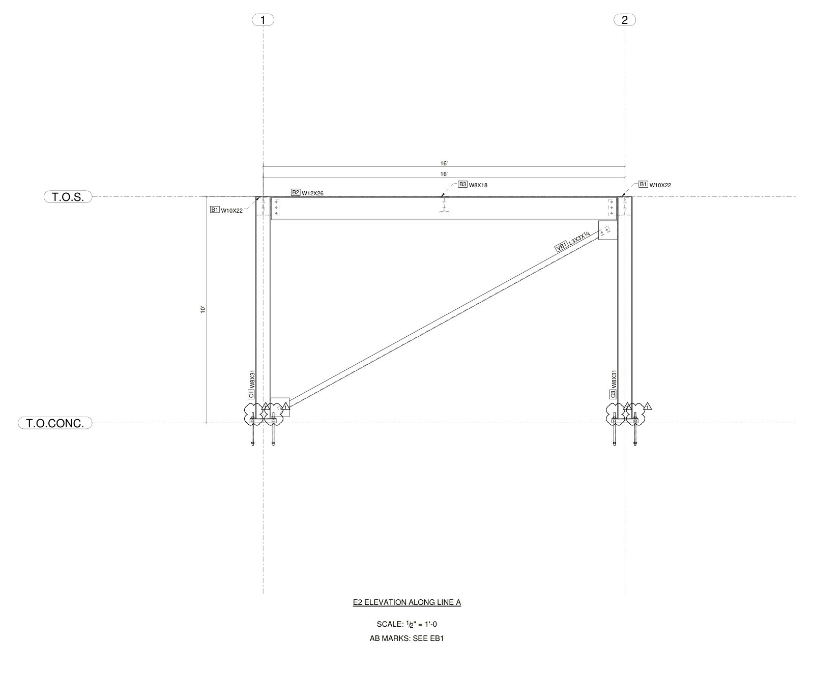 Erection elevation along grid line A showing piece marks for columns, beams and brace