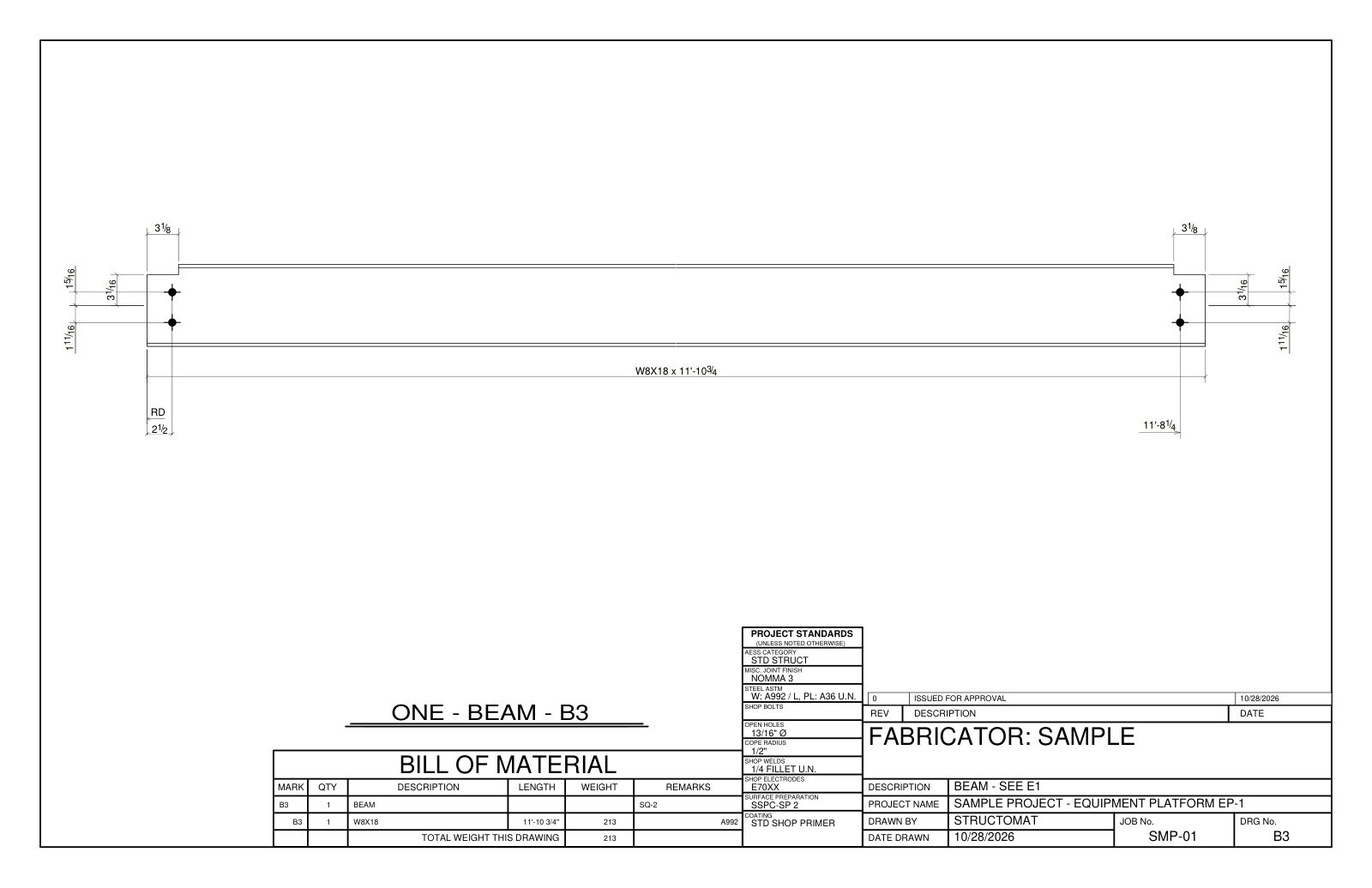 Shop drawing of an infill beam with top flange copes at both ends