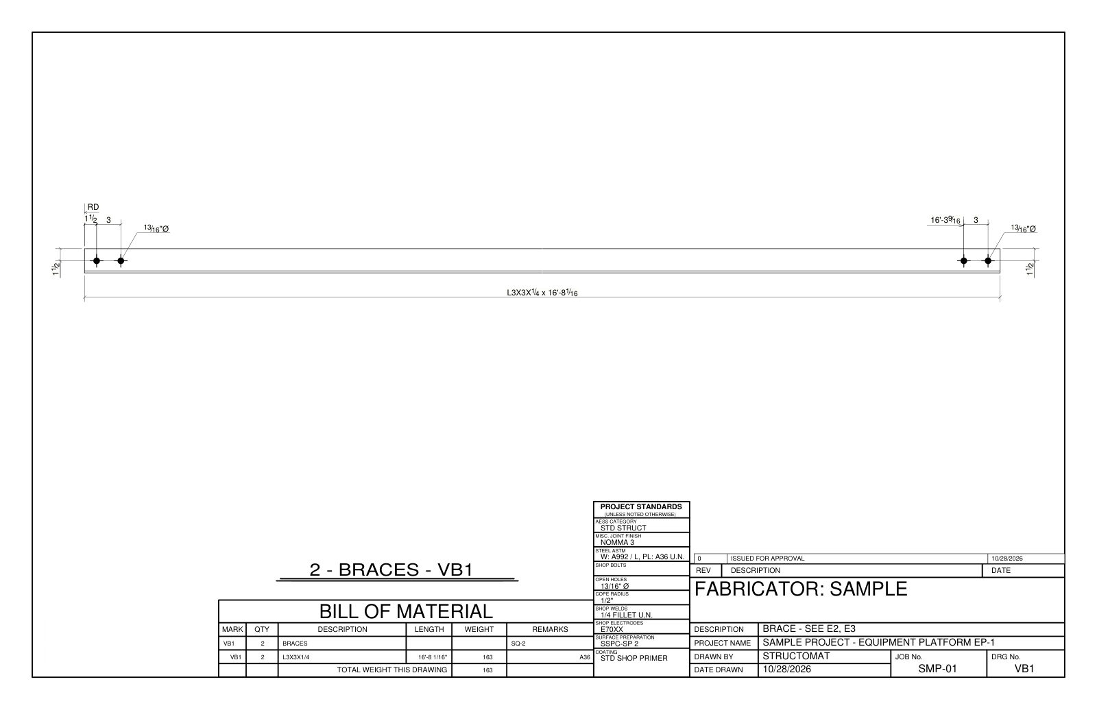 Shop drawing of a vertical brace angle with bevel and bolt holes