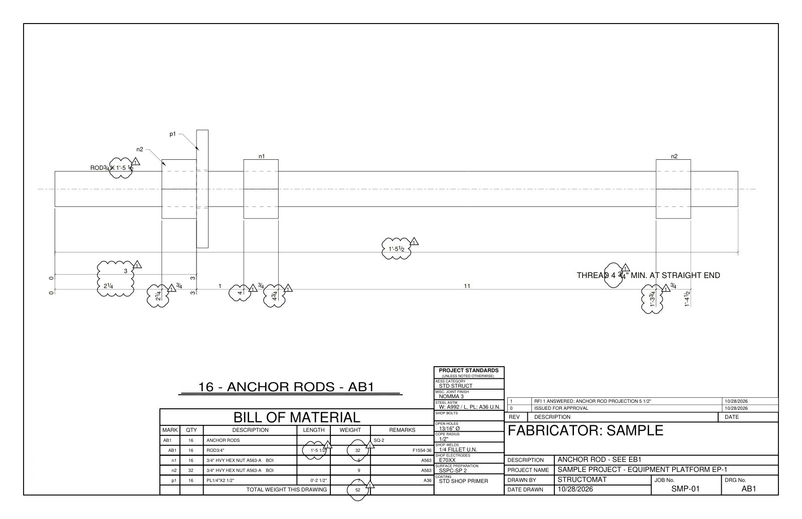 Anchor rod shop drawing at revision 1 with changed dimensions clouded and revision triangles